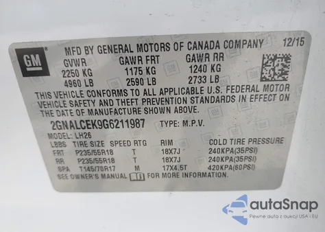 2016 Chevrolet Equinox Lt из США, поврежденный, VIN 2GNALCEK9G6211987